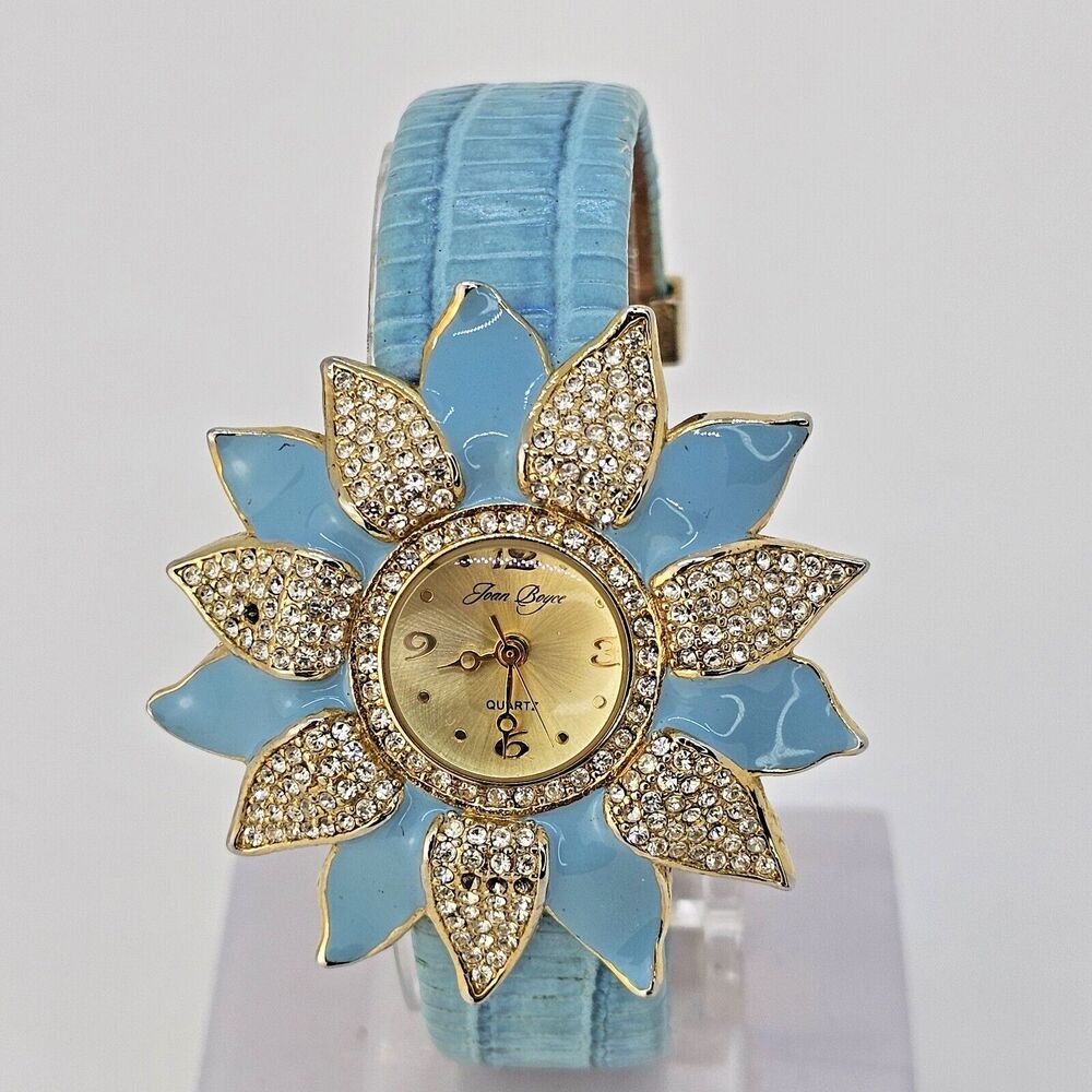 Joan Boyce Women Open Cuff Watch Flower Shape Case Blue Bands 6.25" New Battery